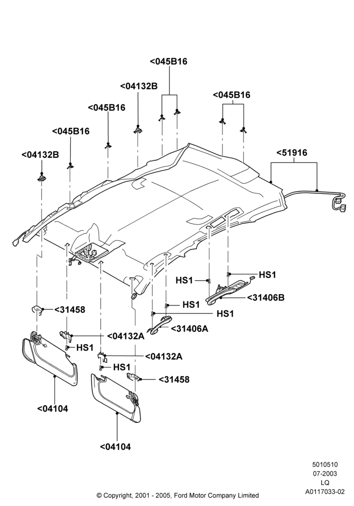 Схема Потолок и козырьки, Less Air Curtain Restraint, Less Sun Roof; 14.07.2003–13.04.2006