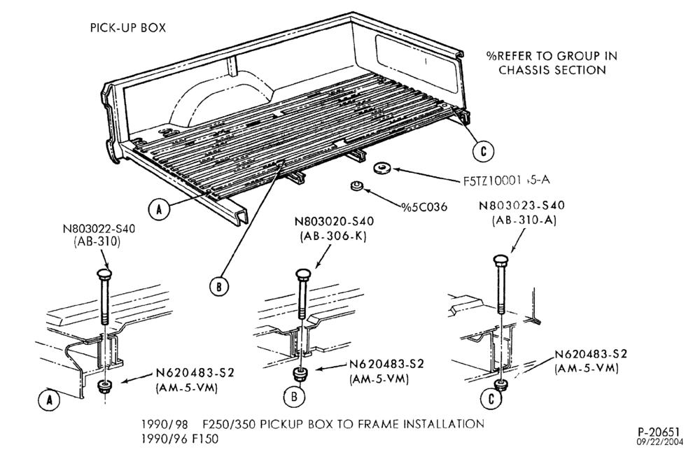 Схема SPRING, STABILIZERS, REAR SUSPENSION-Pickup box to frame installation-F250/350-over 8500# GVW