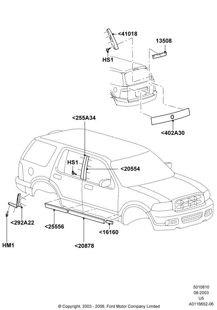 Схема Молдинги кузова, Less Exterior Wheel Lip Molding, XLS, XLT; 04.08.2003–19.07.2005