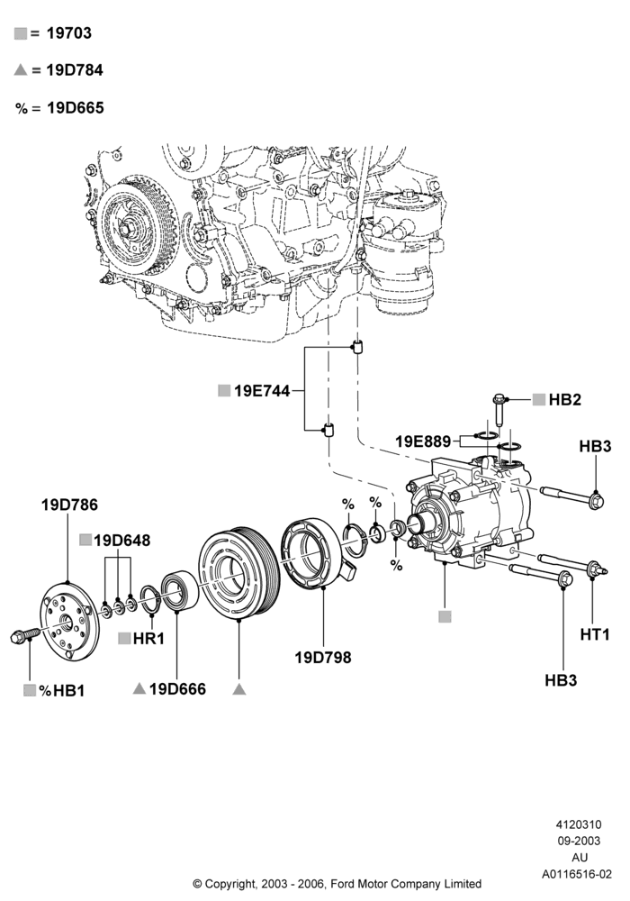 Схема Конденсатор и компрессор кондиционера, 2.3L Duratec-HE (145PS) - MI4, Compressor Assy; 04.09.2003–27.08.2007