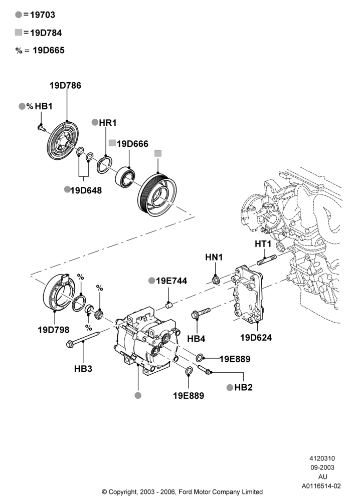 Схема Конденсатор и компрессор кондиционера, Zetec 2.0 16V EFI, 2.0L Zetec VVT (170PS), Compressor Assy; 04.09.2003–05.04.2004
