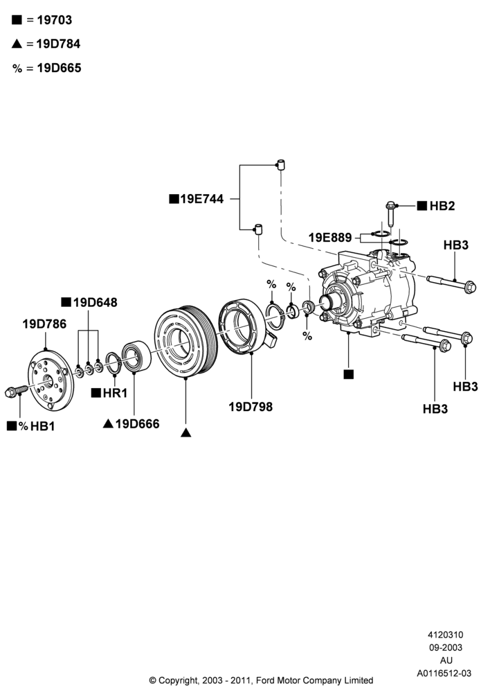 Схема Конденсатор и компрессор кондиционера, CVH 2.0  EFI, Compressor Assy; 04.09.2003–05.04.2004