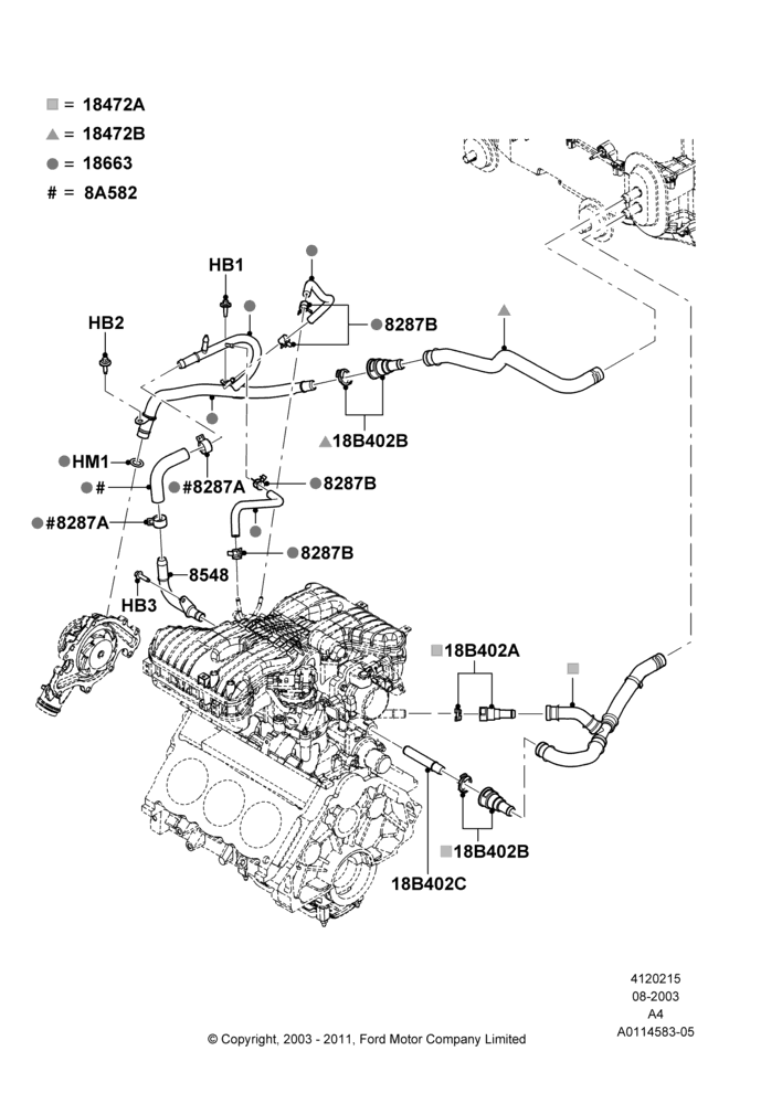 Схема Шланги отопителя, Manual Air Conditioning; 25.08.2003–02.01.2007