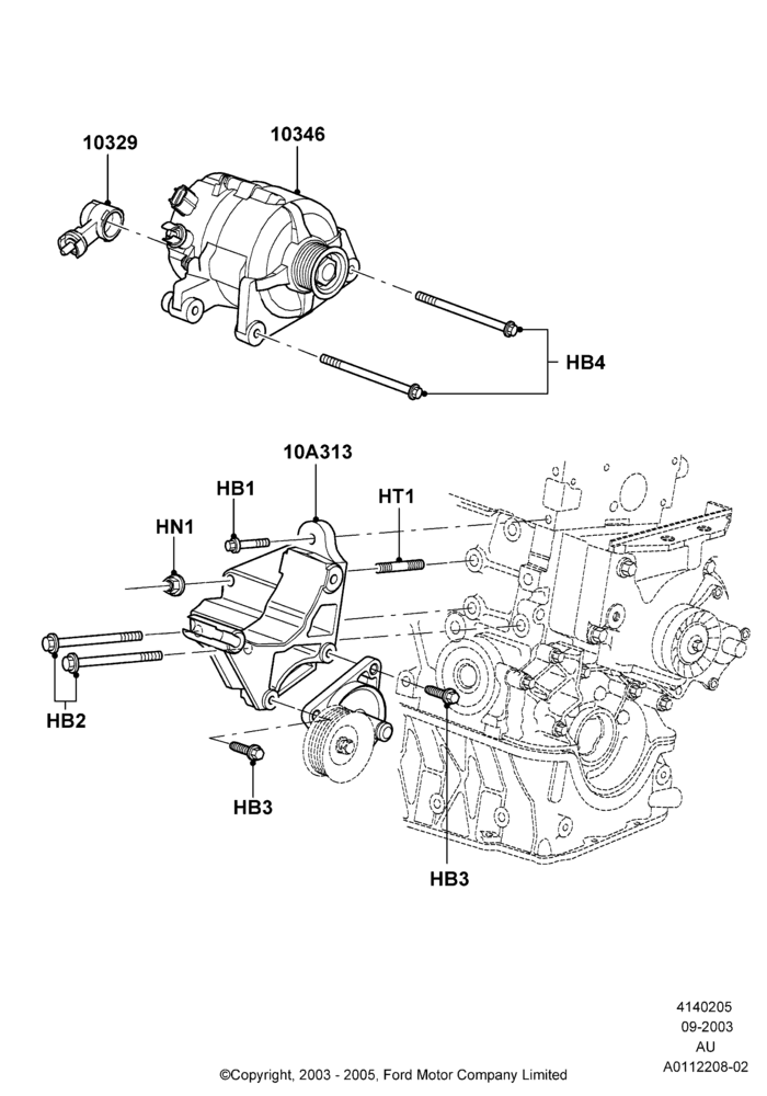 Схема Генератор и крепление, 2.0L Zetec VVT (170PS); 04.09.2003–05.04.2004