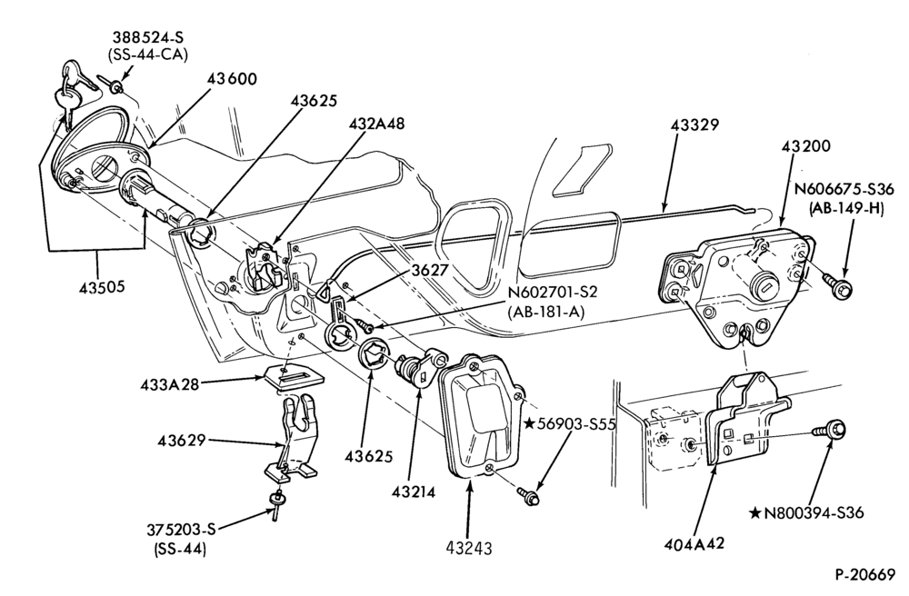 Схема LIFT/TAILGATE, LUGGAGE & BACK WINDOW-Latch parts - luggage compartment - Ford - manual