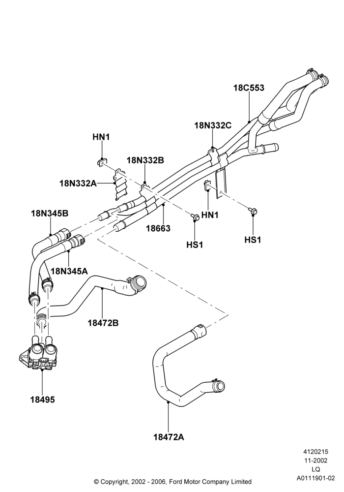 Схема Шланги отопителя, 3.0 V6 24V DOHC EFI Modular; 18.11.2002–13.04.2006