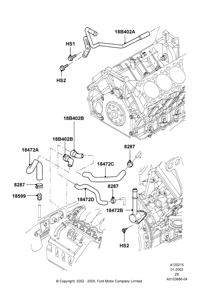 Схема Шланги отопителя, 4.6 DOHC EFI S/C, 4.6L DOHC V8 EFI; 18.09.2000–12.05.2004