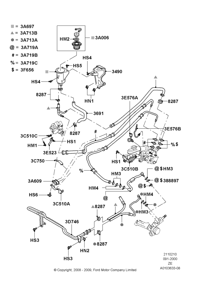 Схема Supply & Return Hoses - Power Strg, 4.6 DOHC EFI S/C, 4.6 SOHC EFI, 4.6L DOHC V8 EFI; 18.09.2000–12.05.2004
