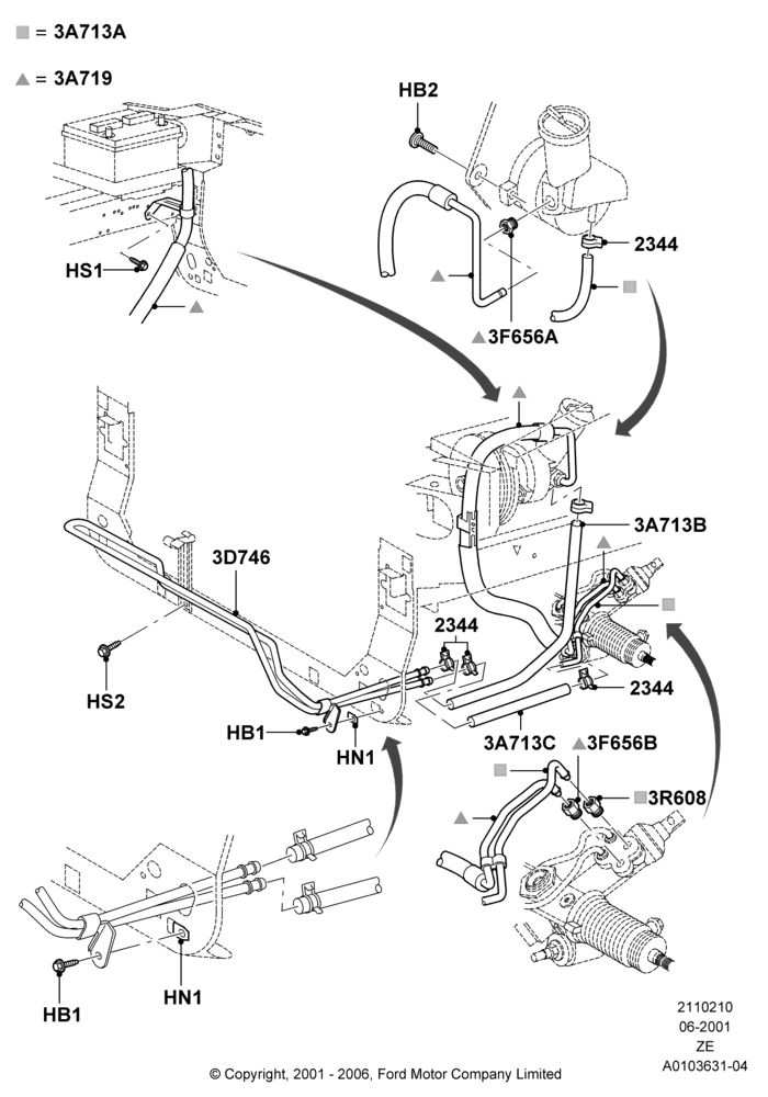 Схема Supply & Return Hoses - Power Strg, 3.8 OHV EFI, 3.9L OHV EFI NA V6 GAS; 18.09.2000–12.05.2004