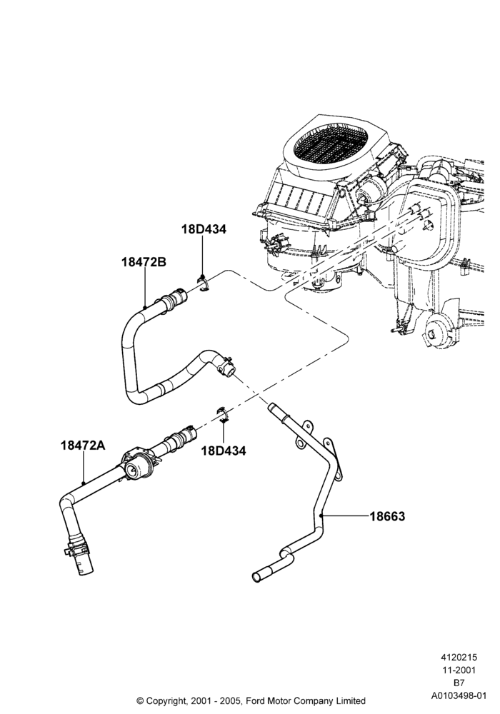 Схема Шланги отопителя, 5.4L Modular SOHC V8, Manual Air Conditioning; 18.03.2002–02.08.2004