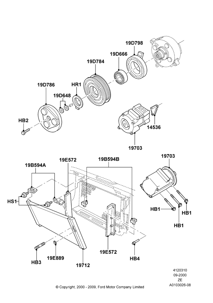 Схема Конденсатор и компрессор кондиционера, 4.6 DOHC EFI S/C, 4.6 SOHC EFI, 4.6L DOHC V8 EFI; 18.09.2000–12.05.2004