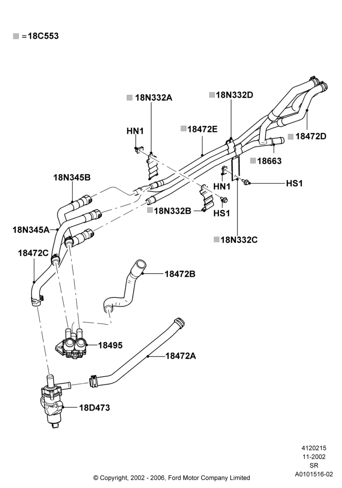 Схема Шланги отопителя, 3.9L Dohc EFI NA V8 Gas*HP; 18.11.2002–01.07.2005