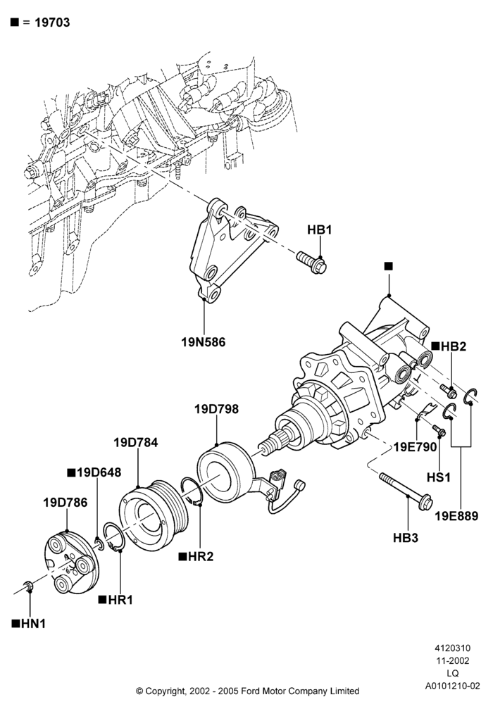 Схема Конденсатор и компрессор кондиционера, 3.0 V6 24V DOHC EFI Modular, Compressor Assy; 18.11.2002–18.07.2005