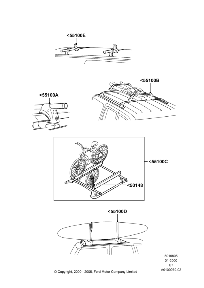 Схема Багажники на крышу, Accessory, Cross Bar, Ski Racks, Bike Racks, Wheel Holder, Kayak And Canoe Carrier; 31.01.2000–09.05.2003