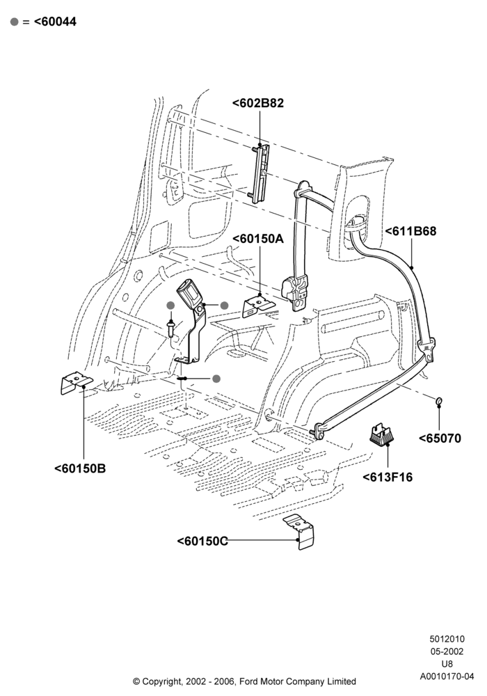 Схема Задние ремни безопасности, 2nd Row Low Back Bucket Seats; 03.09.2002–05.08.2005