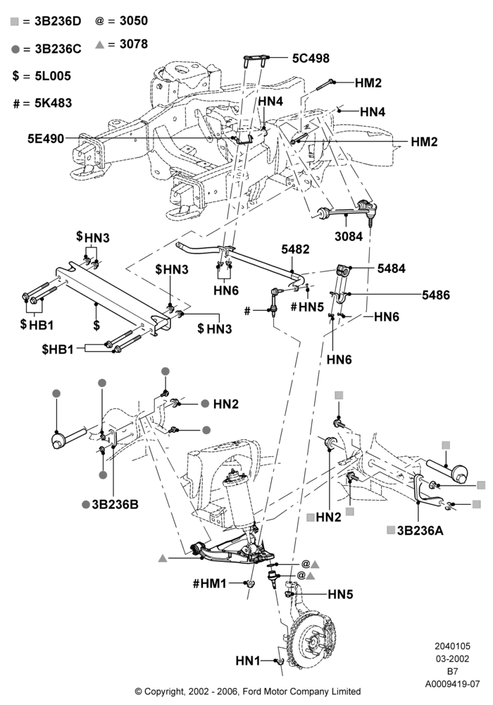 Схема Передние рычаги, стабилизатор, подрамник, LHD 4WD (Part Time Drive); 18.03.2002–02.08.2006