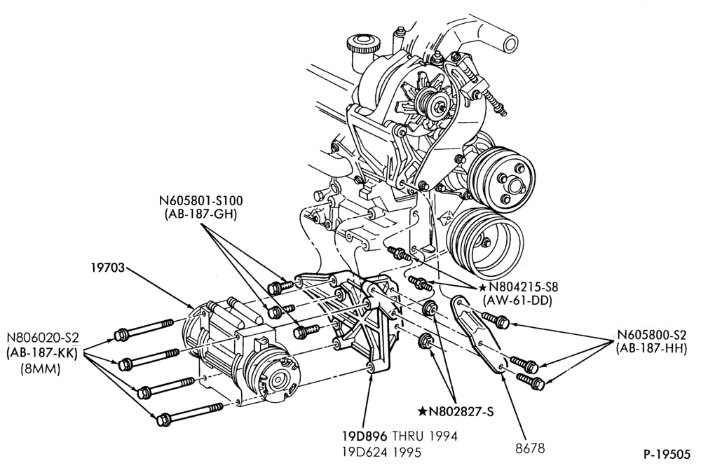 Схема AIR CONDITIONING-Compressor Installation - integral-4 cyl. 140 (2.3L)-6 cyl. 183 (3.0L)-A