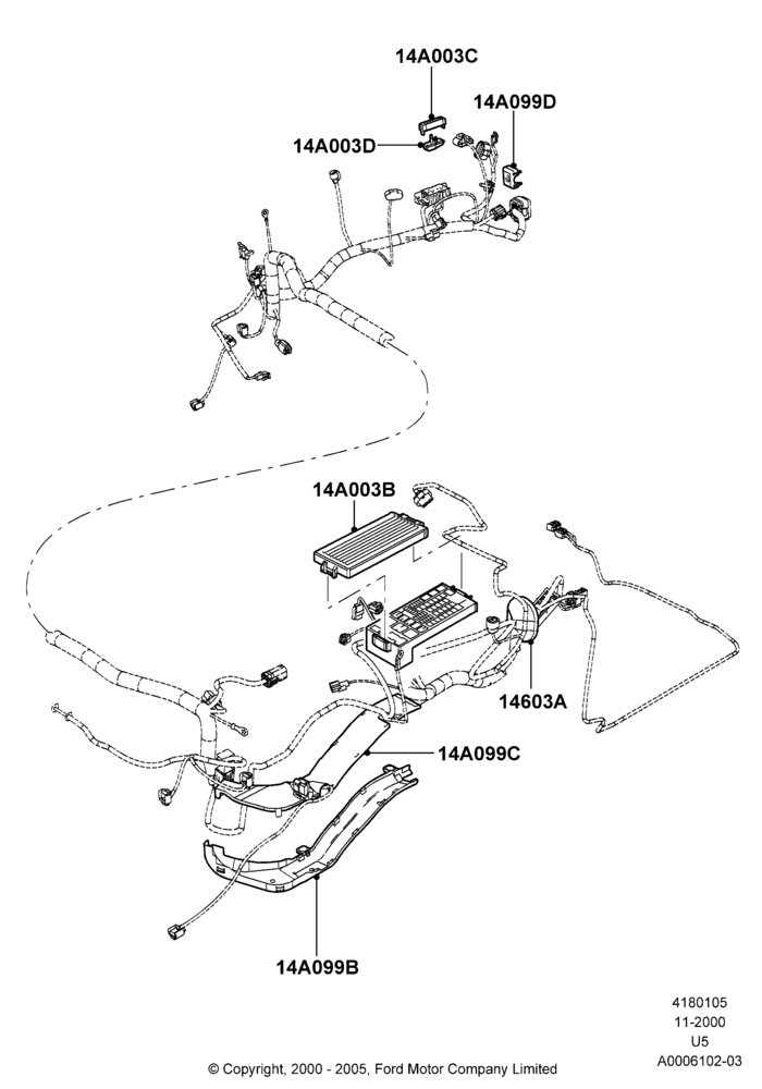 Схема Кожухи проводки, 4.0L V6 12V SOHC EFI, 14398 Harness; 13.11.2000–19.07.2005