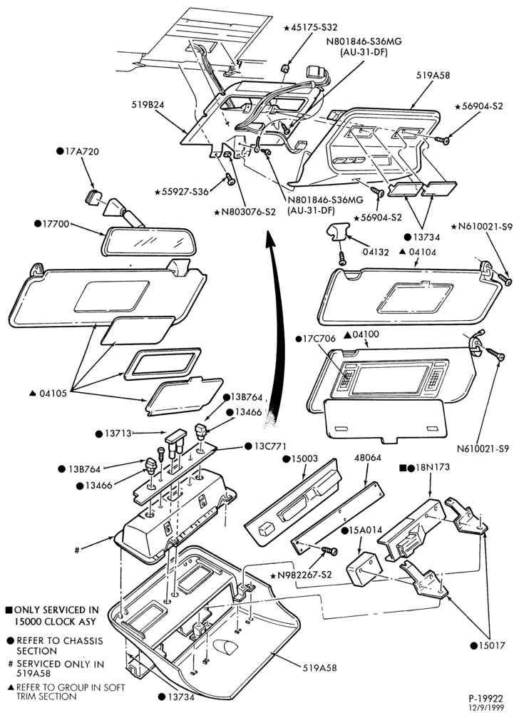 Схема INSTRUMENT PANEL AND FLOOR-Sun visor, roof console, vanity mirror and rear view mirror- "From 3/85