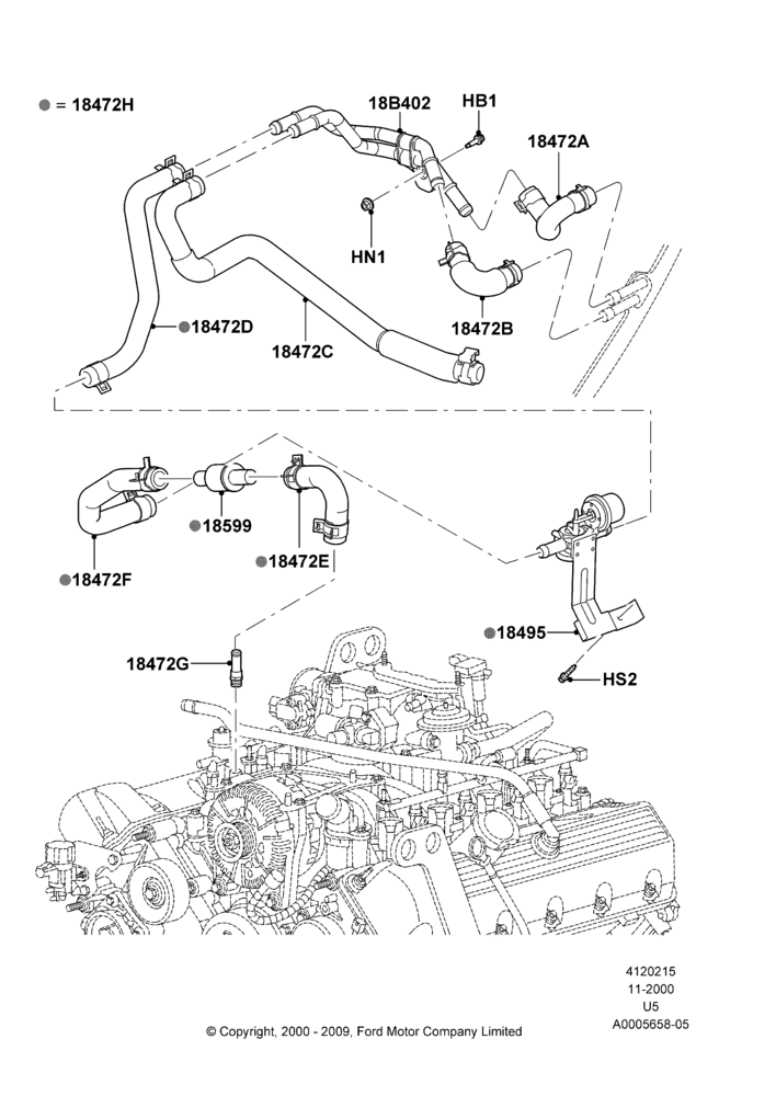 Схема Шланги отопителя, (+) North American Markets, Less Aux Overhead Heater And A/C, Romeo 4.6 SOHC EFI; 13.11.2000–19.07.2005