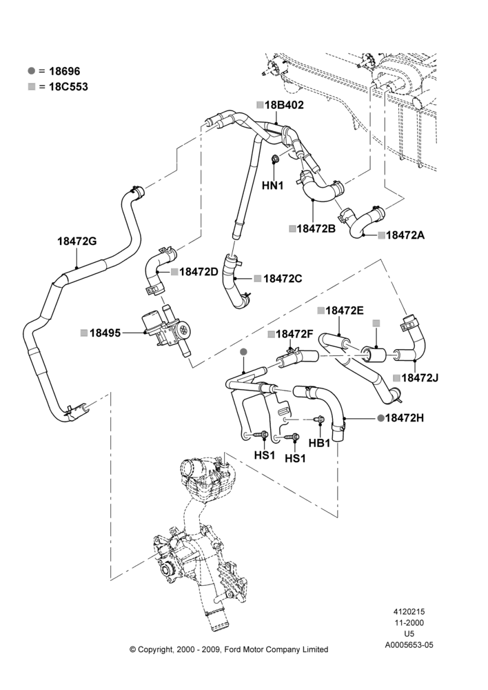 Схема Шланги отопителя, 4.0L V6 12V SOHC EFI, All LHD Territories, Less Engine Oil Cooler, With Aux Overhead Heater And A/C; 13.11.2000–19.07.2005