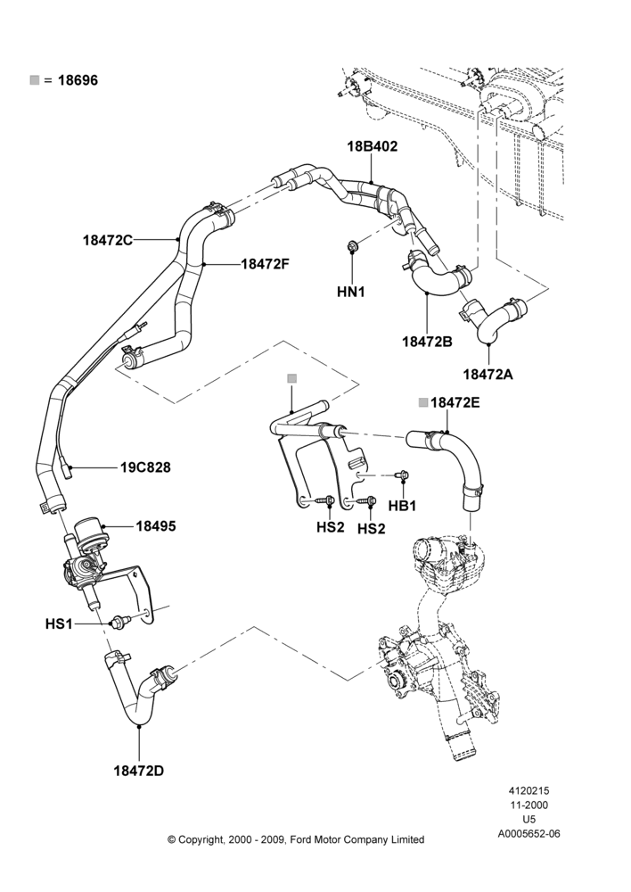 Схема Шланги отопителя, 4.0L V6 12V SOHC EFI, Less Aux Overhead Heater And A/C, Less Engine Oil Cooler; 13.11.2000–19.07.2005