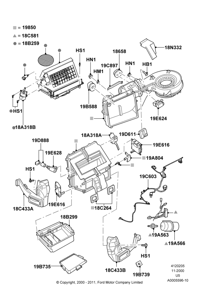 Схема Климат — наружные компоненты, All LHD Territories, Dual Zone Auto Temp Control A/C; 13.11.2000–19.07.2005