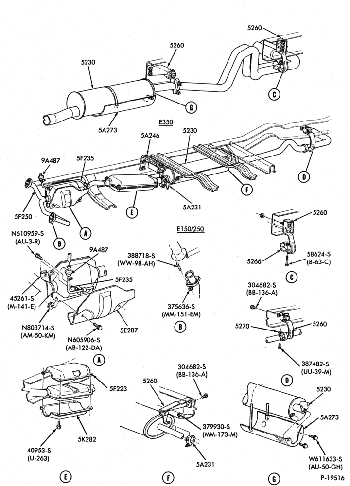 Схема EXHAUST SYSTEM-(1985/86)-351W (5.8L) - w/converter-E150/350