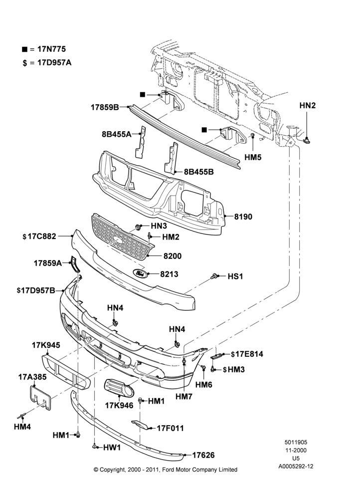 Схема Решётка радиатора и передний бампер, Ford Series, XLT; 13.11.2000–19.07.2005