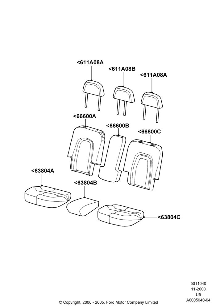 Схема Rear Seat Covers, Ford Series, With All Second Row 40-20-40 Seats; 13.11.2000–19.08.2002