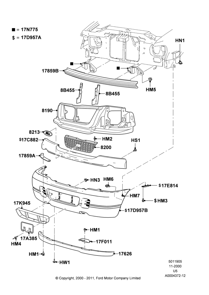 Схема Решётка радиатора и передний бампер, Ford Series, XLS; 13.11.2000–19.07.2005