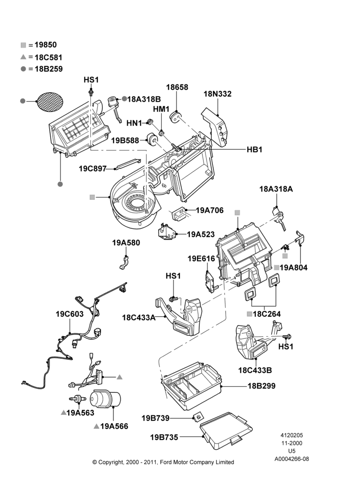 Схема Климат — наружные компоненты, All LHD Territories, Manual Air Conditioning; 13.11.2000–19.07.2005