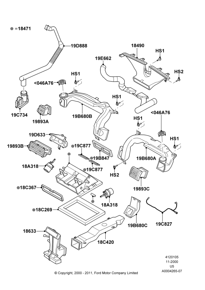 Схема Дефлекторы вентиляции, Louvres and Ducts, All LHD Territories, Dual Zone Auto Temp Control A/C; 13.11.2000–19.07.2005