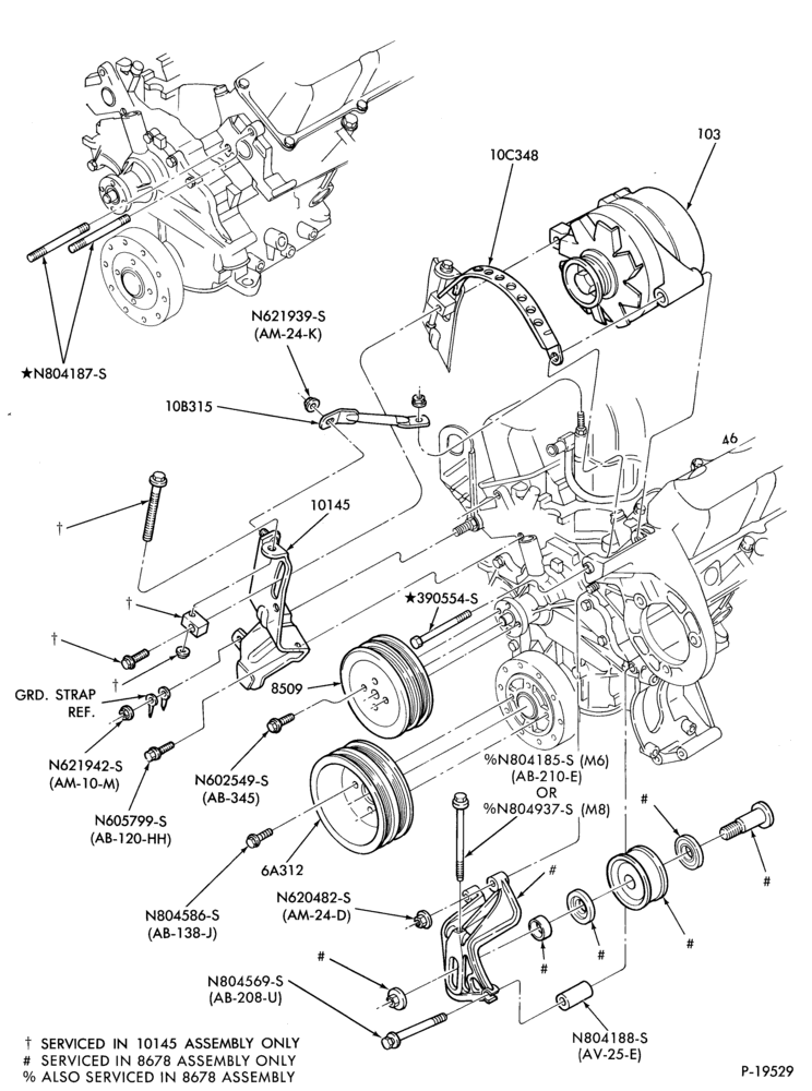 Схема Стартер, IGNITION AND HEADLAMP SWITCHES-Alternator mounting brackets- 6 cyl. 183 (3.0L)