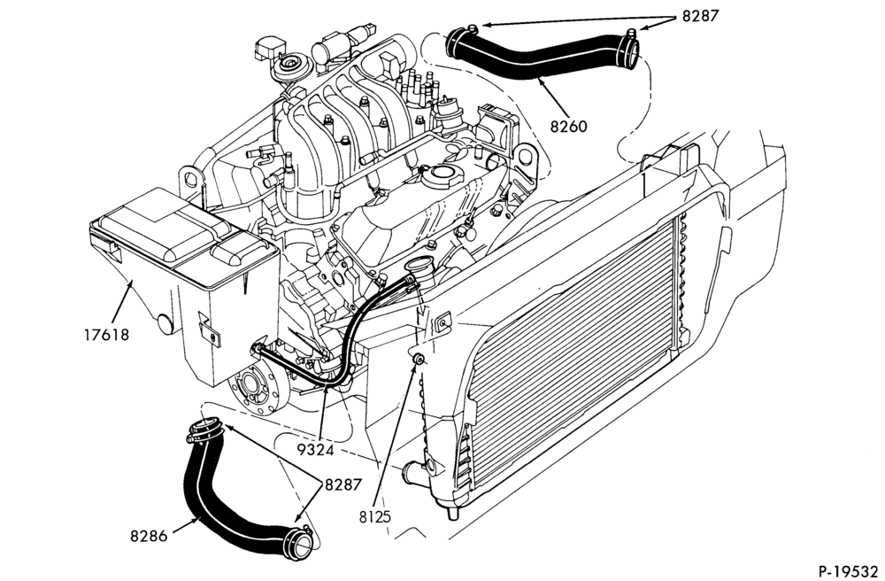 Схема Радиатор, GRILL AND COOLING-COOLING SYSTEM - 6 cyl. 183 (3.0L) - Hose - exc. SHO