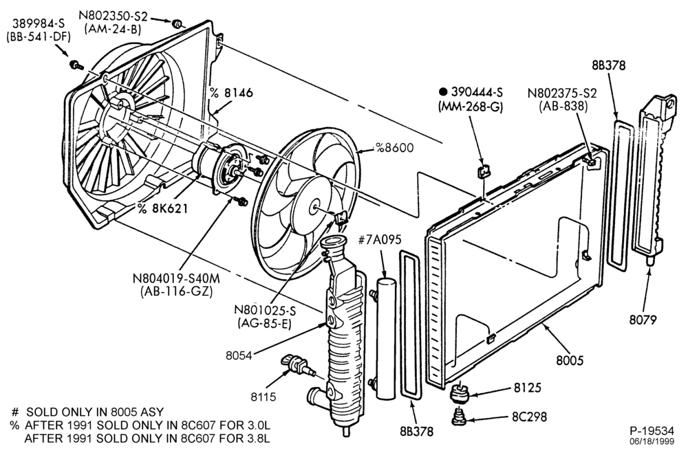 Схема Радиатор, GRILL AND COOLING-COOLING SYSTEM - 6 cyl. 183 (3.0L)- Fan - exc. SHO