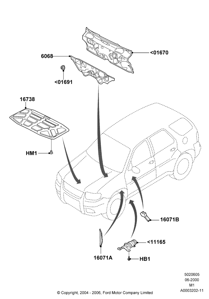 Схема Шумоизоляция — перед, Ford Series, LHD; 12.06.2000–03.10.2005