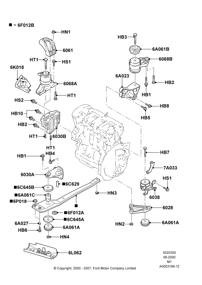 Схема Опоры двигателя, 2WD, 5 Speed Manual Transmission, LHD, Zetec 2.0 16V EFI; 12.06.2000–22.12.2003