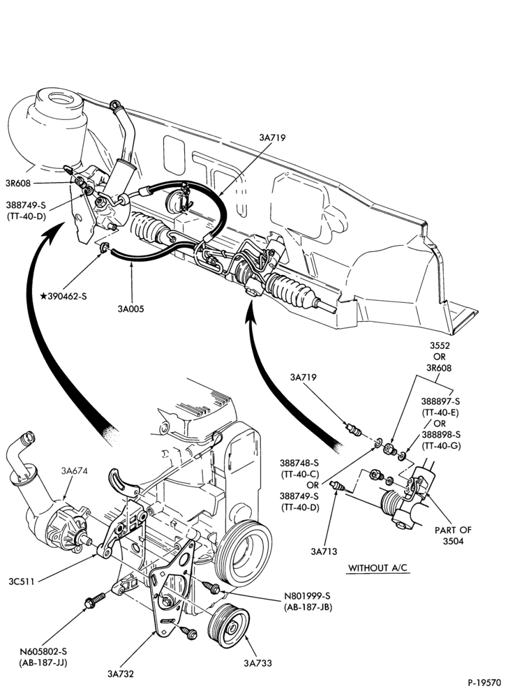 Схема STEERING-Pump installation - 4 cyl. 98 (1.6L) - 4 cyl. 116 (1.9L) - exc. E.F.I.-"From 3/85"