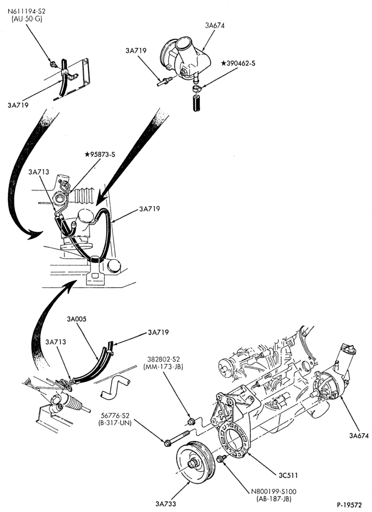 Схема STEERING-Power steering system - Pump installation - 8 cyl. 5.0L - w/o oil cooler - exc. LSC