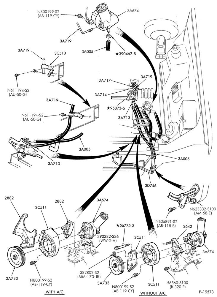 Схема STEERING-Pump installation  - 8 cyl. 302 (5.0L) - (w/oil cooler)