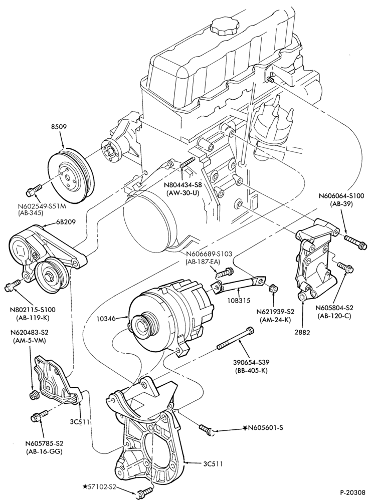 Схема DISTRIBUTOR AND IGNITION SYSTEM-Alternator mounting brackets- 4 cyl. 153 (2.5L)