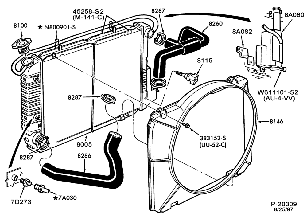 Схема Радиатор, GRILL AND COOLING-COOLING SYSTEM- 8 cyl. 302 (5.0L)