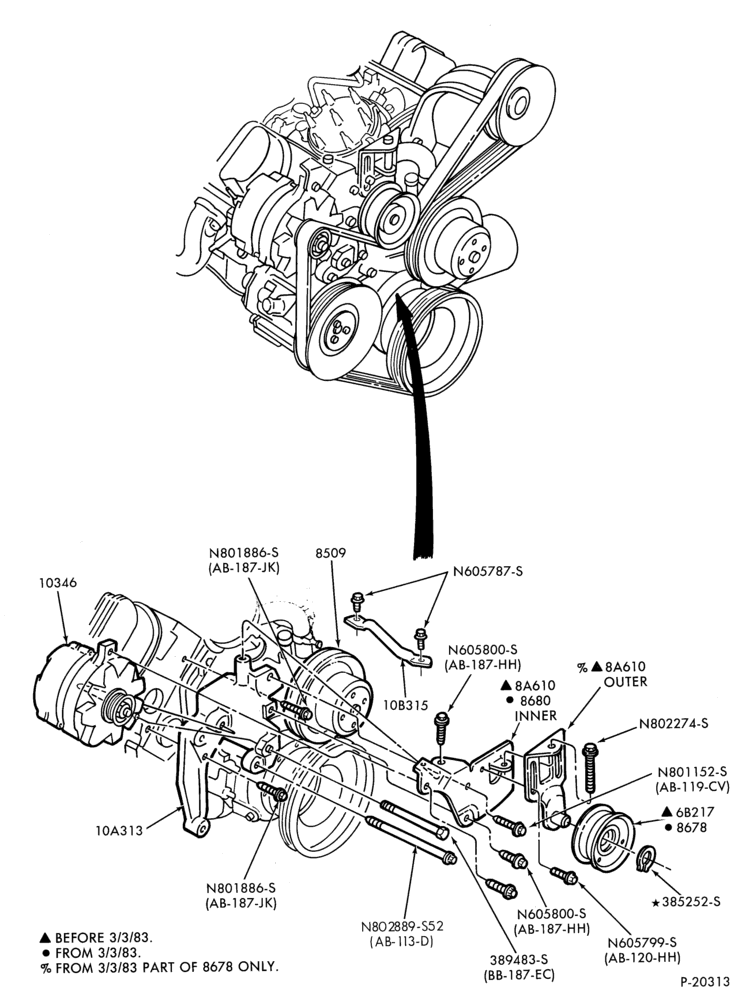 Схема DISTRIBUTOR AND IGNITION SYSTEM-Alternator mounting brackets - 6 cyl. 230 (3.8L)