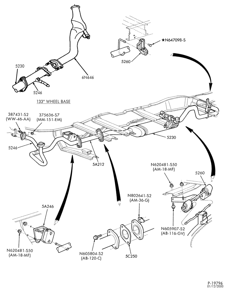 Схема EXHAUST SYSTEM-and 400 (6.9L)-regular cab and super cab - 8 cyl. 302 (5.0L)- 8 cyl. 446 (7.3L) diesel-w/o converter-F250/350,F(Super