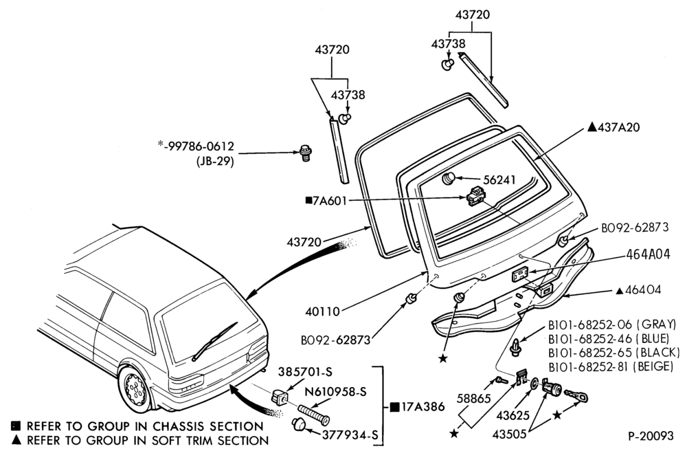 Схема LIFT/TAILGATE, LUGGAGE & BACK WINDOW-Liftgate parts - hinges - latch - B/T 61