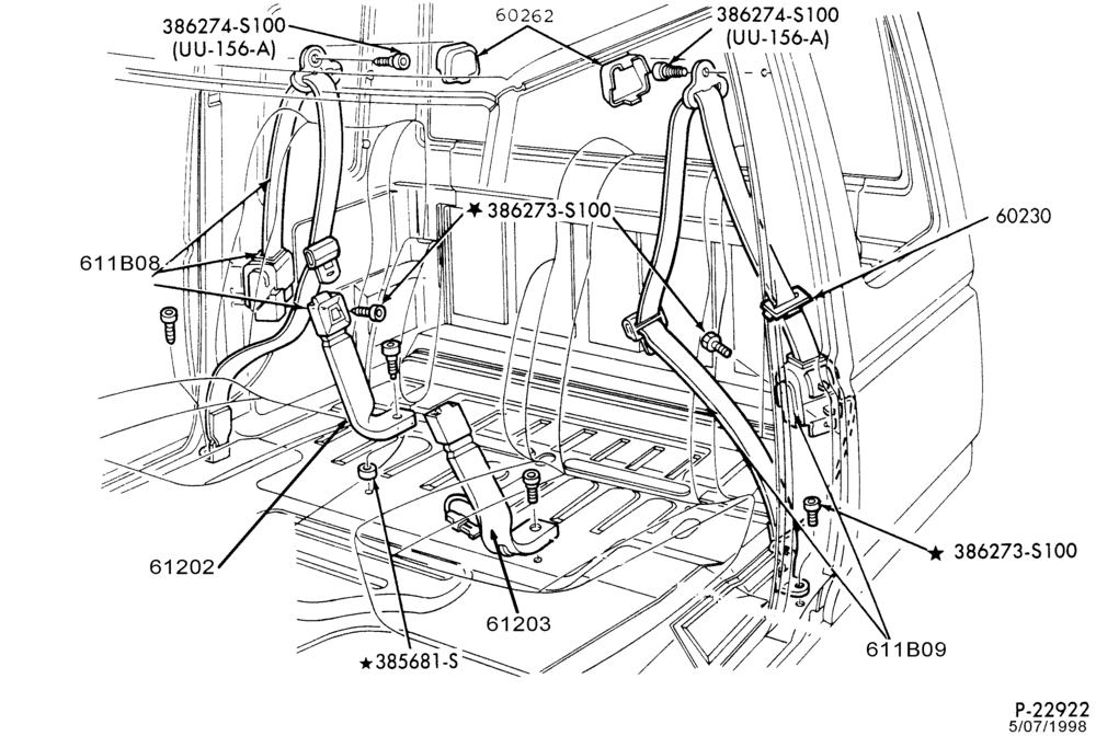 Схема SEATS AND SEAT BELTS-Seat belt installation - front - with shoulder harness - captain's chair-F150/350