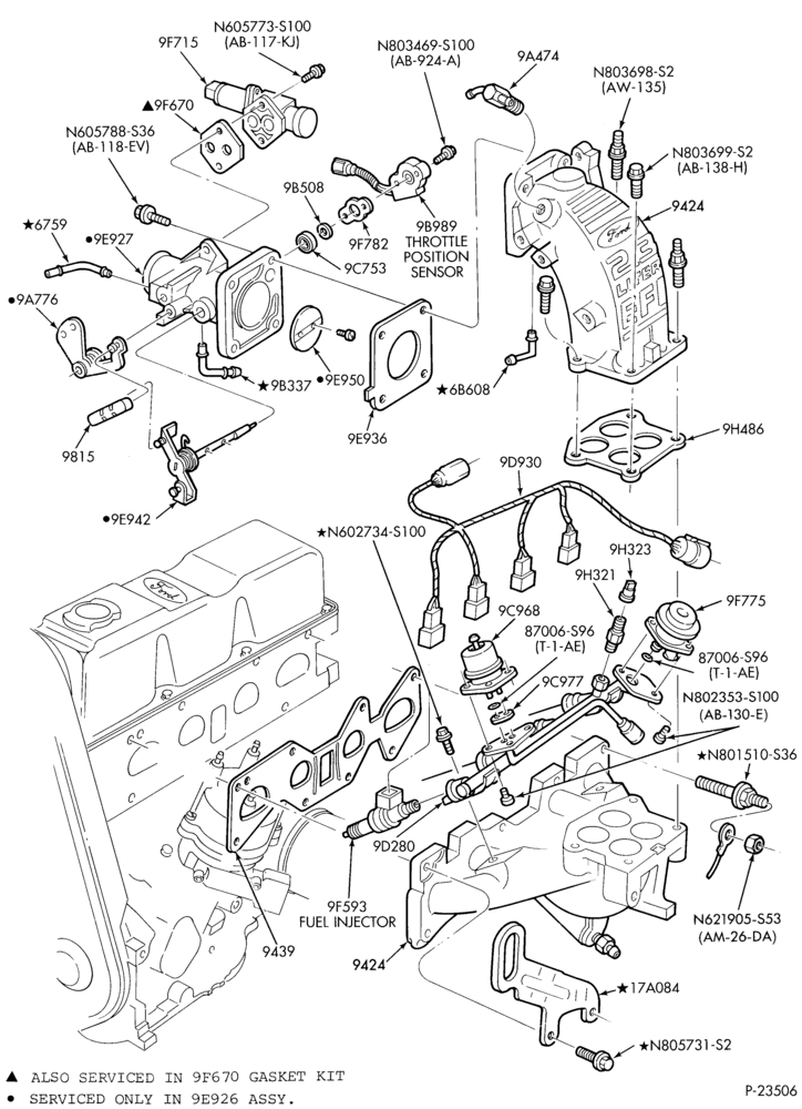 Схема 4 CYL. 2.3L (140 C.I.D.)-Fuel injection manifold, injectors,