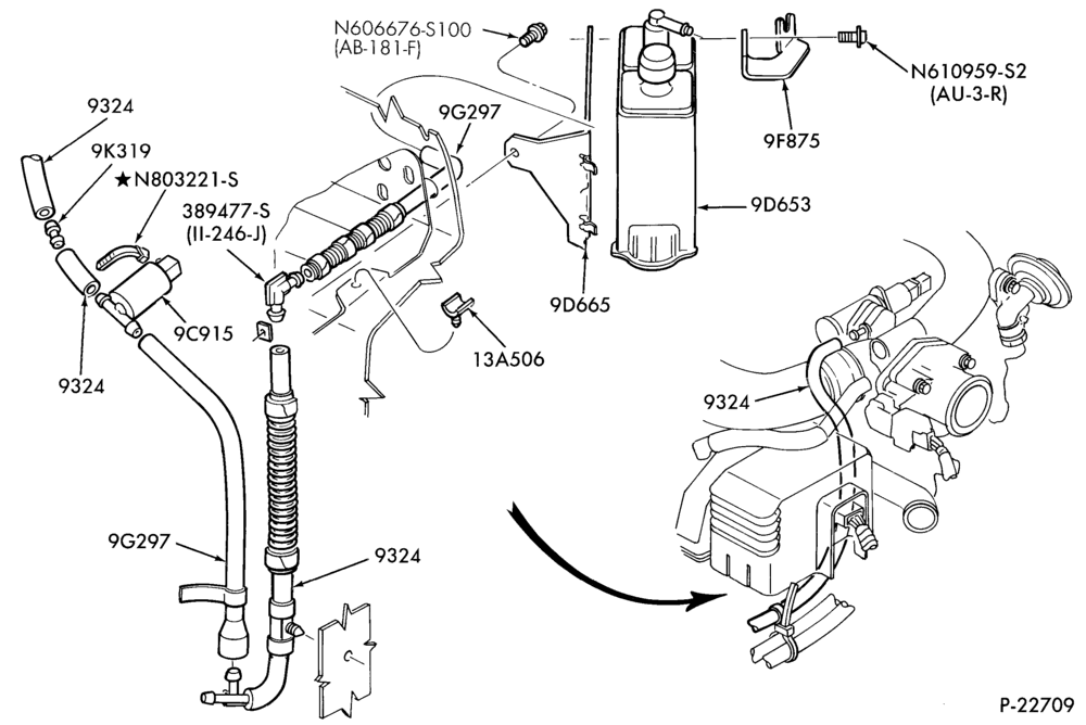 Схема 6 CYL. 3.2L - SHO - E (TAURUS)-Fuel vapor canister and related parts