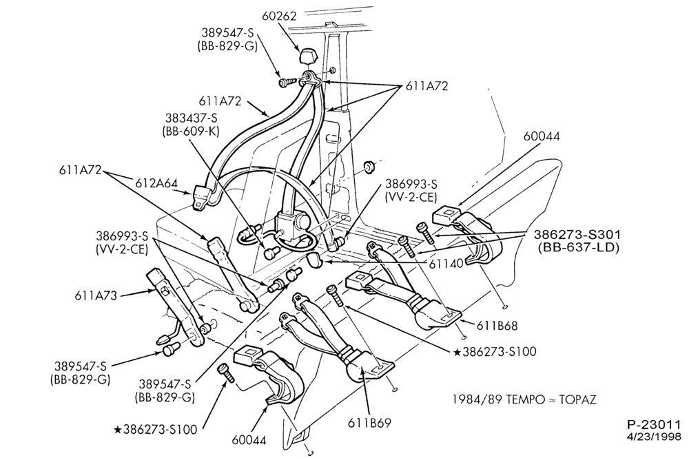 Схема SEATS AND SEAT BELTS-Seat belt and shoulder harness installation - Body type 66 - w/o passive restraint